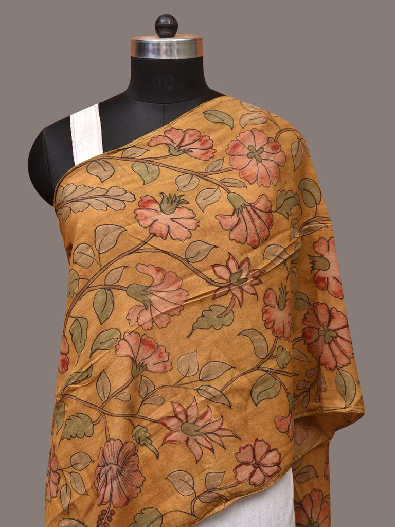 Mustard Kalamkari Hand Painted Sico Stole with Floral Design ds3415