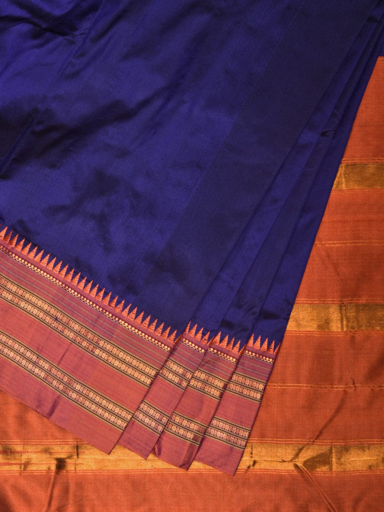 Navy and Orange Narayanpet Silk Handloom Plain Saree with Contrast Pallu Design No Blouse np0828