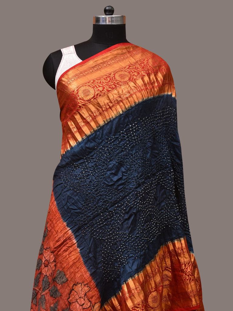 Navy and Red Bandhani Kanchipuram Silk Handloom Dupatta with Kalamkari Design ds3492