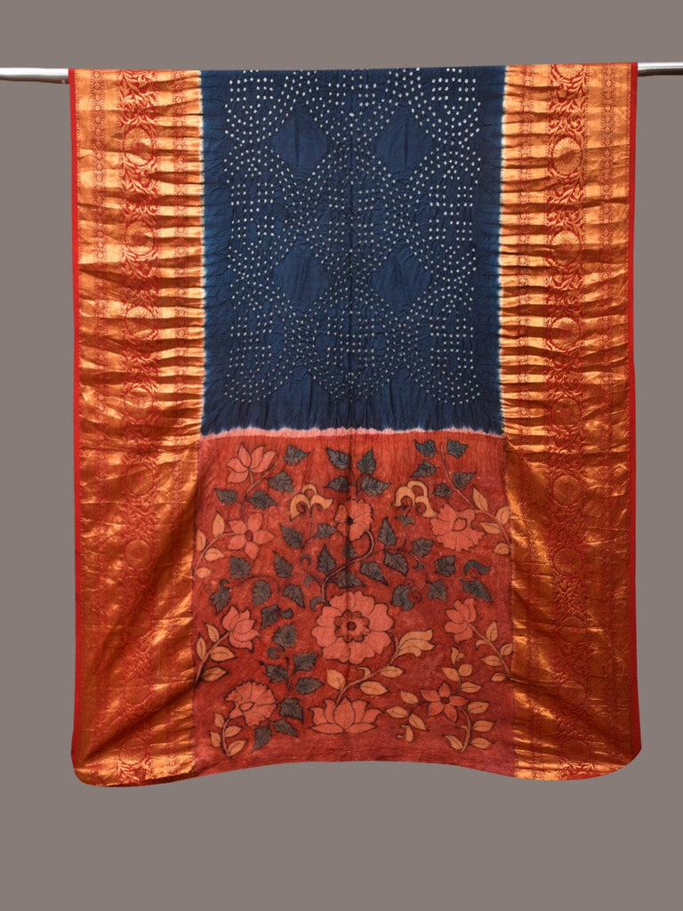 Navy and Red Bandhani Kanchipuram Silk Handloom Dupatta with Kalamkari Design ds3492