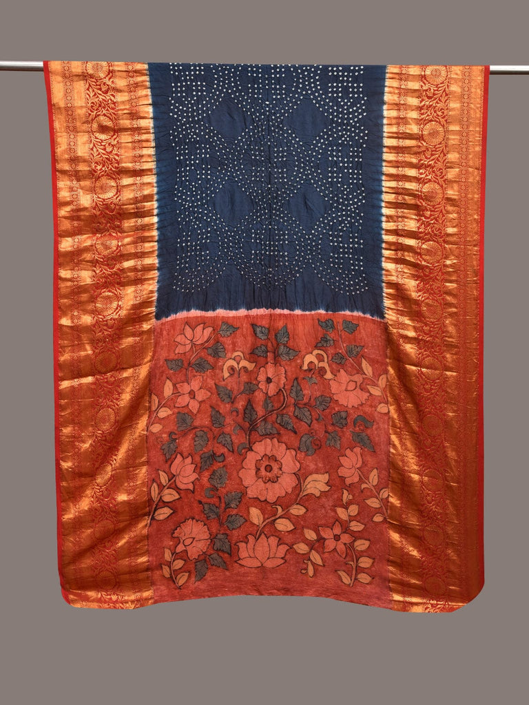 Navy and Red Bandhani Kanchipuram Silk Handloom Dupatta with Kalamkari Design ds3568