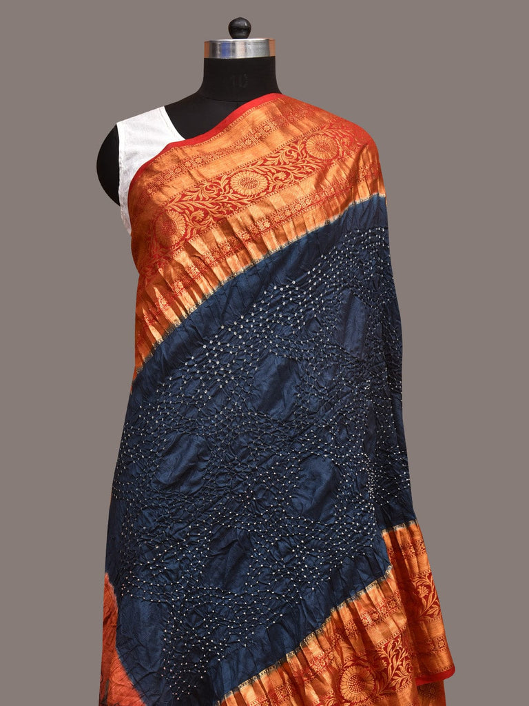 Navy and Red Bandhani Kanchipuram Silk Handloom Dupatta with Kalamkari Design ds3568