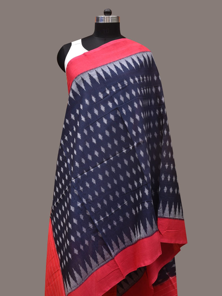 Navy and Red Pochamaplly Ikat Cotton Handloom Dupatta with Temple Border Design ds3359
