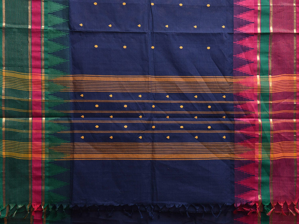 Kanchipuram Silk Cotton Saree : Navy blue x Maroon x Peacock main image 1