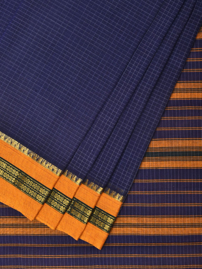Navy Narayanpet Cotton Handloom Saree with Checks Design No Blouse np0786