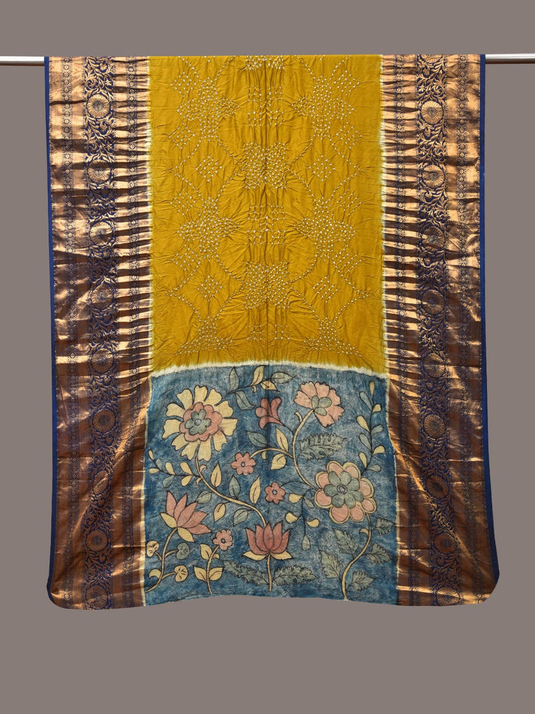 Olive and Blue Bandhani Kanchipuram Silk Handloom Dupatta with Kalamkari Design ds3491