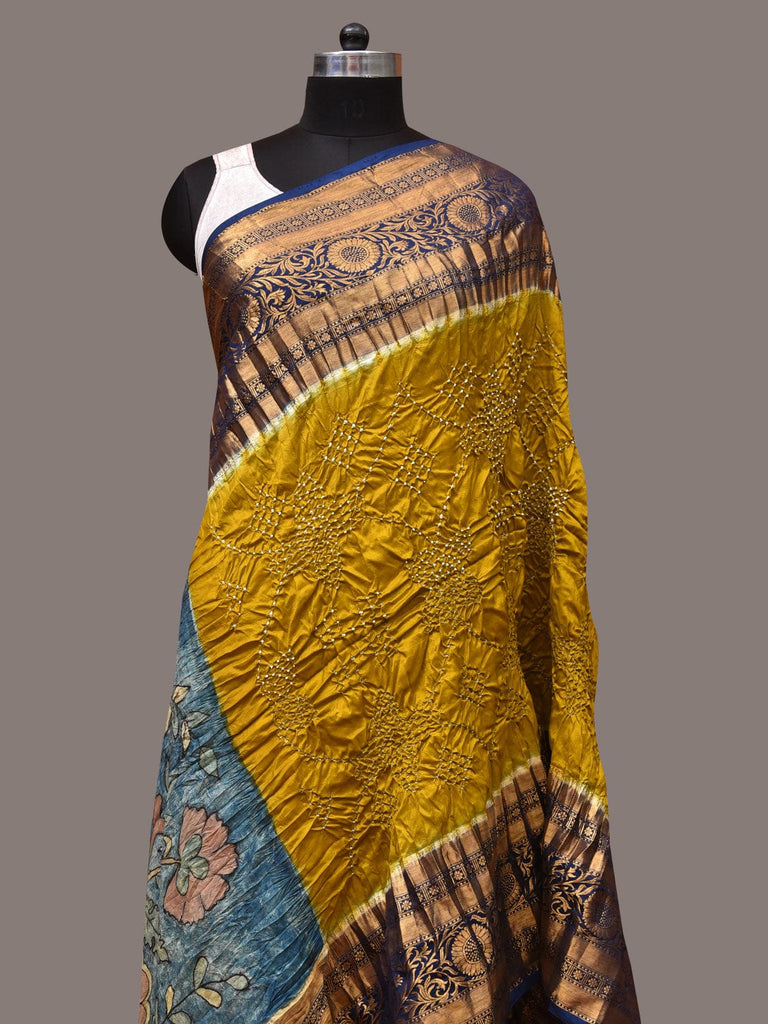 Olive and Blue Bandhani Kanchipuram Silk Handloom Dupatta with Kalamkari Design ds3491