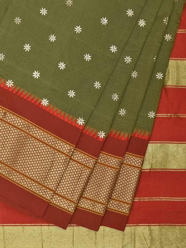 Olive and Red Bamboo Cotton Saree with Small Body Buta Design bc0273