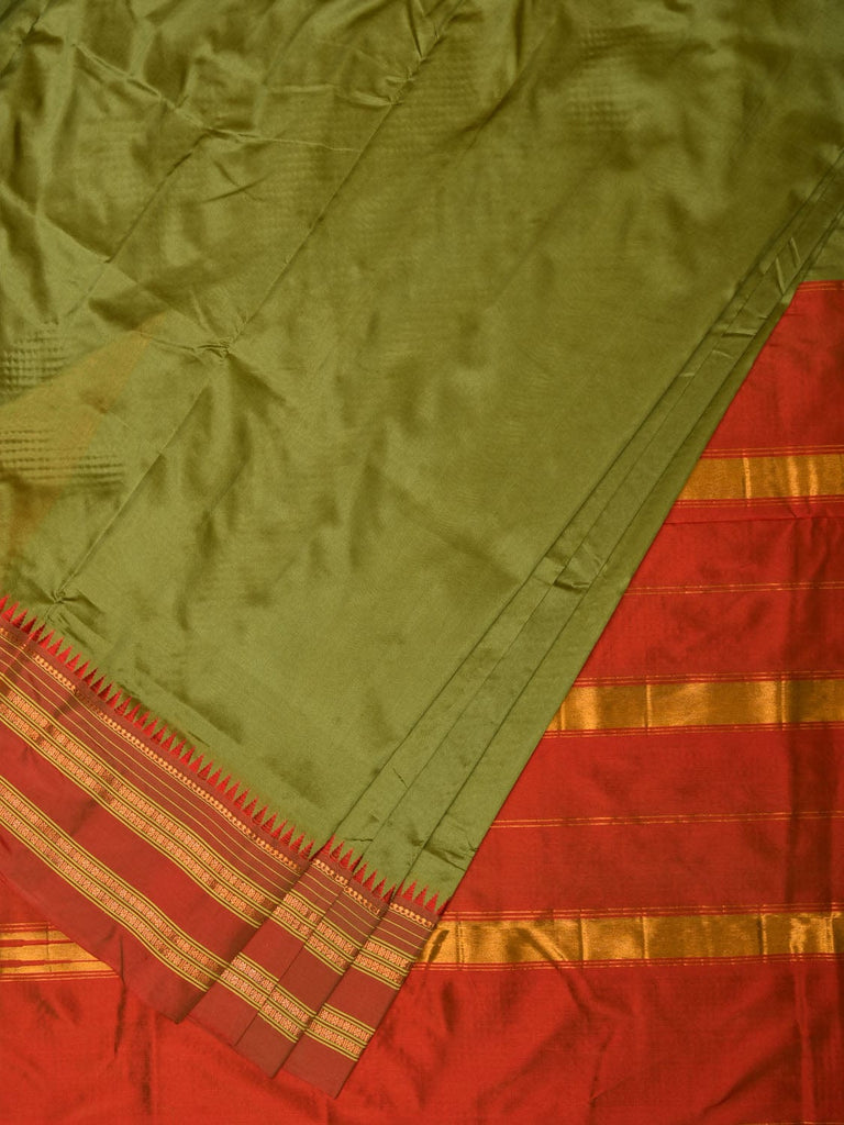 Olive and Red Narayanpet Silk Handloom Plain Saree with Traditional Border Design No Blouse np0670