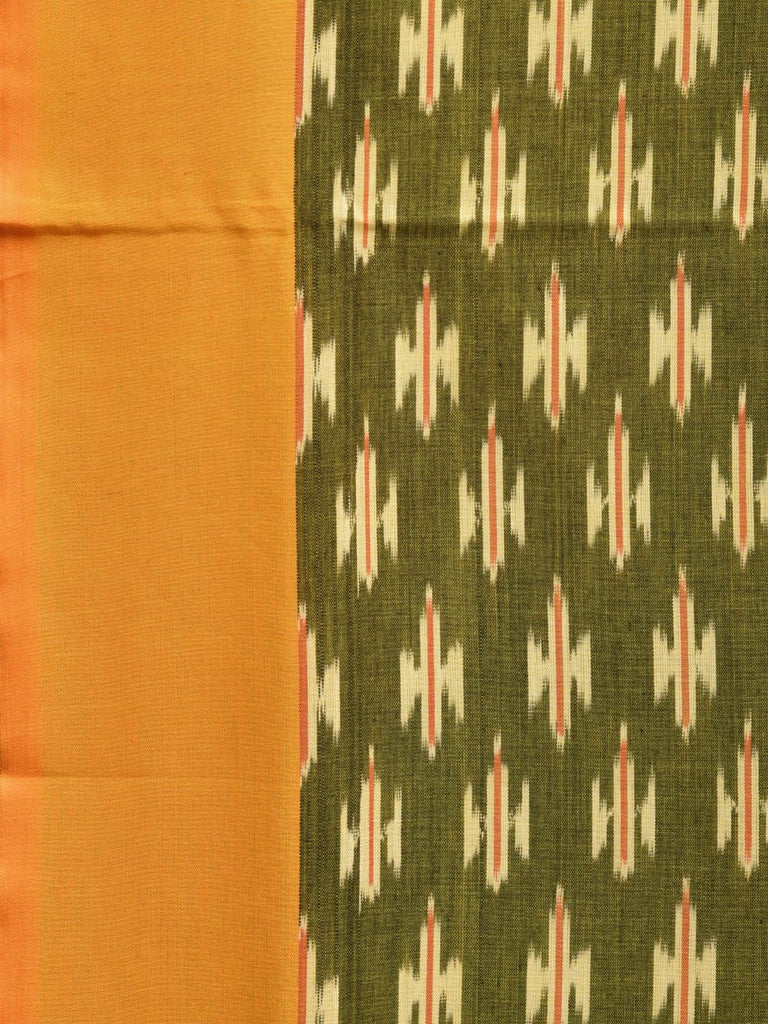 Olive and Yellow Pochampally Ikat Cotton Handloom Saree with Zig-Zag Pallu Design No Blouse i0844