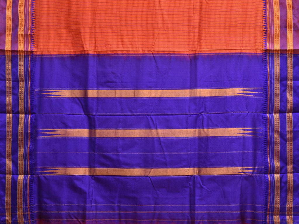 Orange and Blue Narayanpet Silk Handloom Saree with Checks Design No Blouse np0835