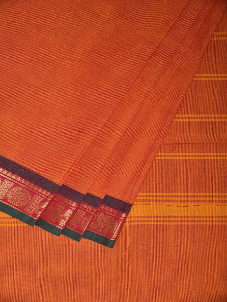 Orange Kanchipuram Cotton Plain Saree with Elephant B…