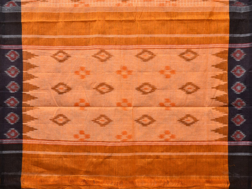 Orange Pochampally Ikat Cotton Handloom Saree with Grill and Big Temple Border Design No Blouse i0807