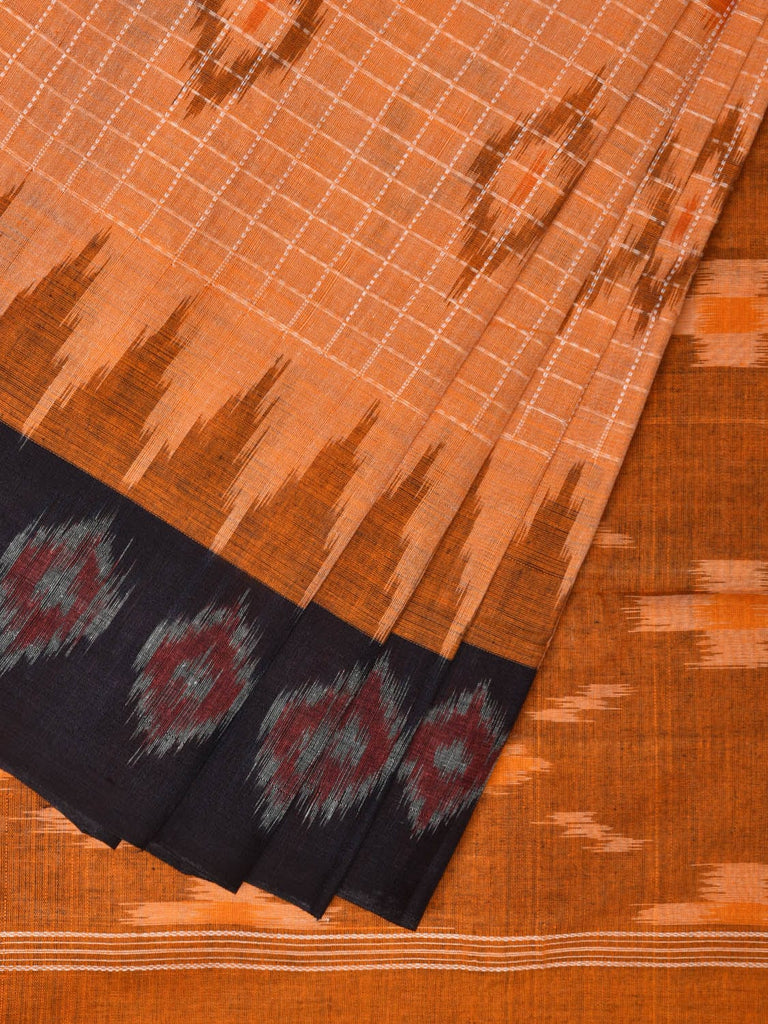 Orange Pochampally Ikat Handloom Saree with Checks and Border Design No Blouse i0818