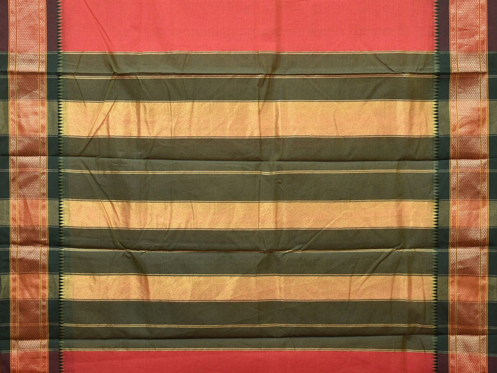 Peach and Green Bamboo Cotton Plain Saree with Strips Pallu Design No Blouse bc0255