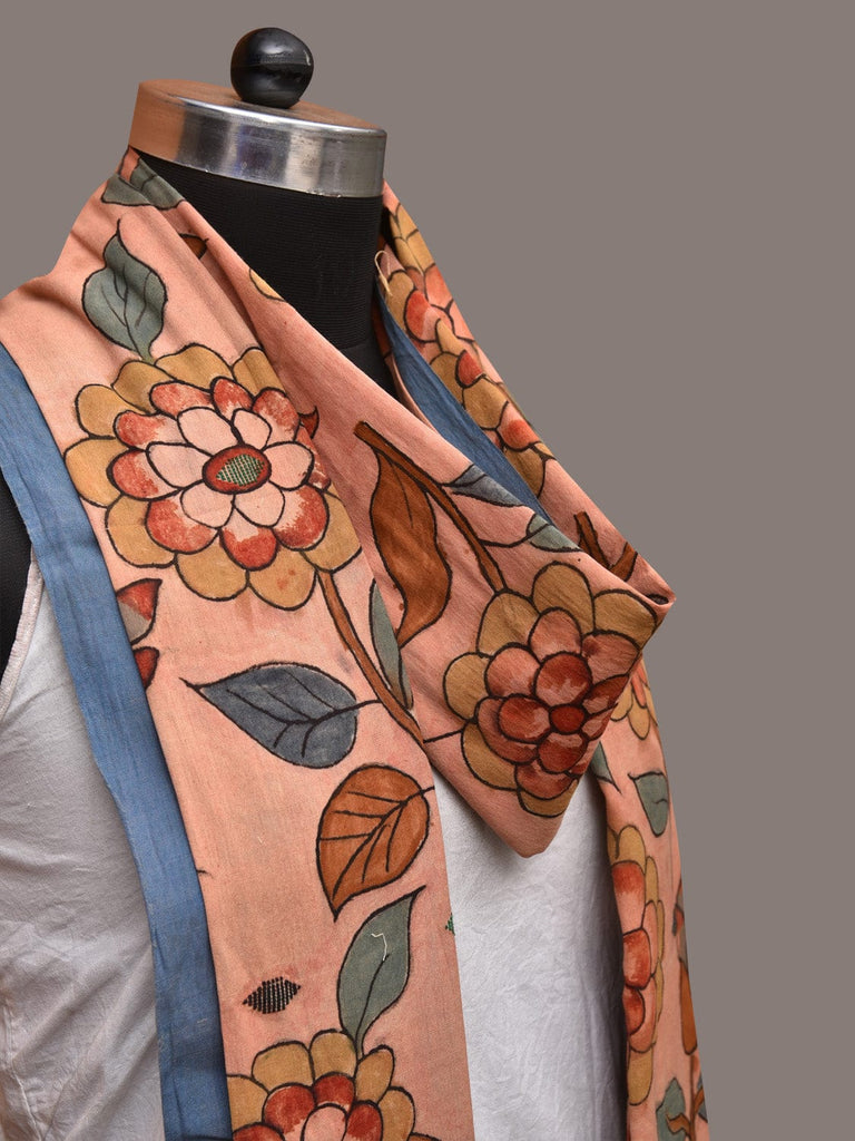 Peach Kalamkari Hand Painted Cotton Handloom Dupatta with Floral Design ds3507