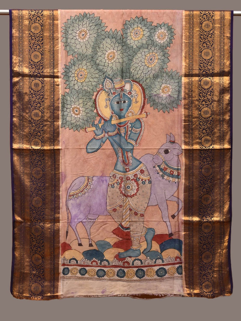 Peach Kalamkari Hand Painted Kanchipuram Silk Handloom Dupatta with Krishna and Cow Design ds3211