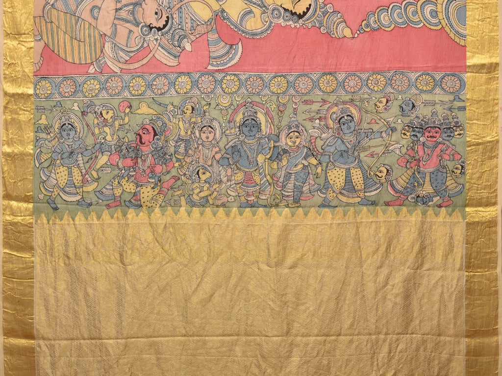 Peach Kalamkari Hand Painted Kanchipuram Silk Handloom Saree with Ramayana Design KL0769