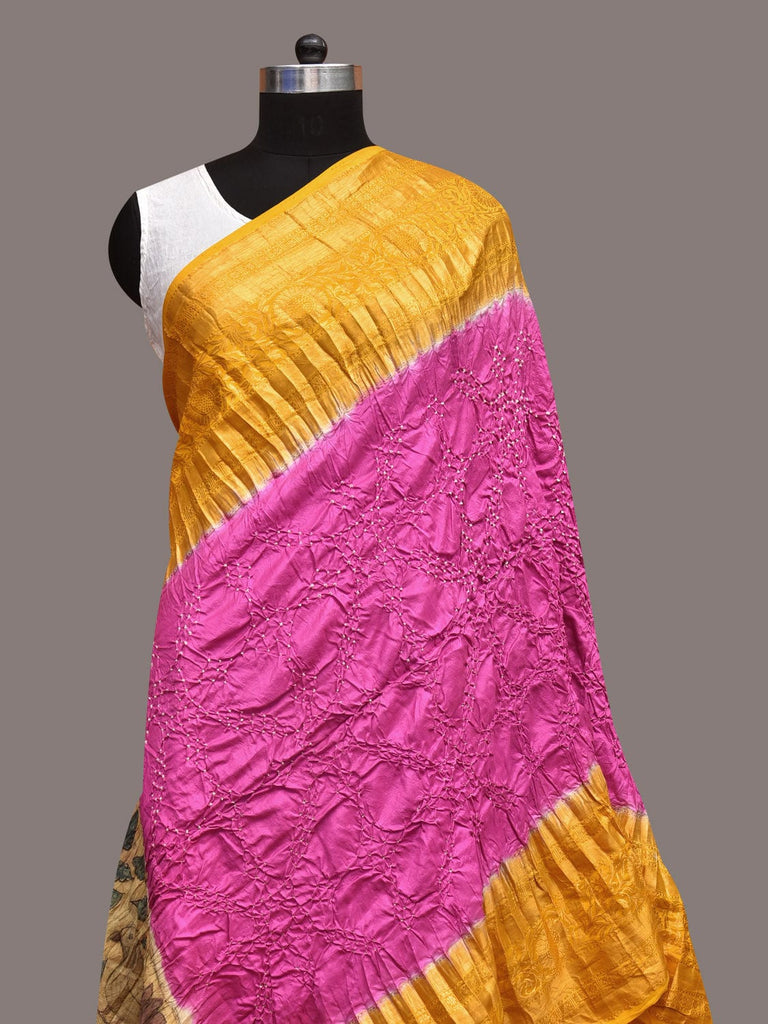 Pink and Yellow Bandhani Kanchipuram Silk Handloom Dupatta with Kalamkari Design ds3570