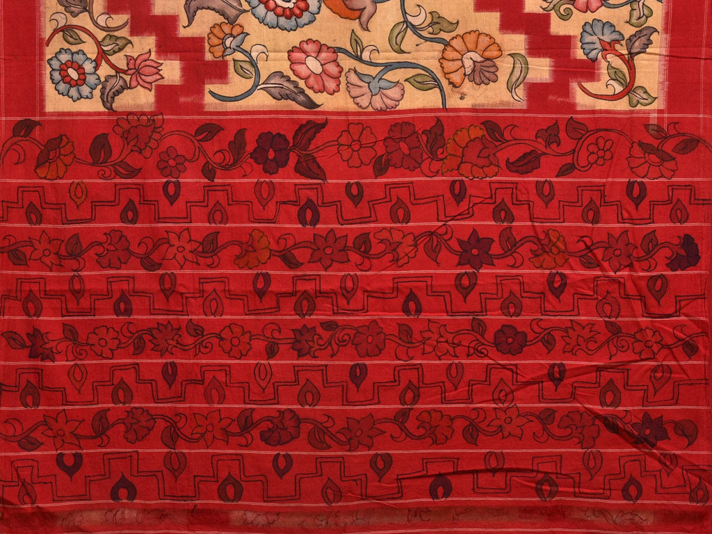 Red and Cream Kalamkari Hand Painted Ikat Cotton Handloom Saree with Floral Design KL0771