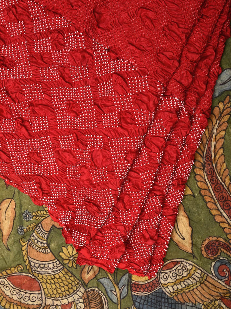 Red and Green Badhani Silk Handloom Saree with Geometrical Body and Kalamkari Pallu and Blouse Design bn0494