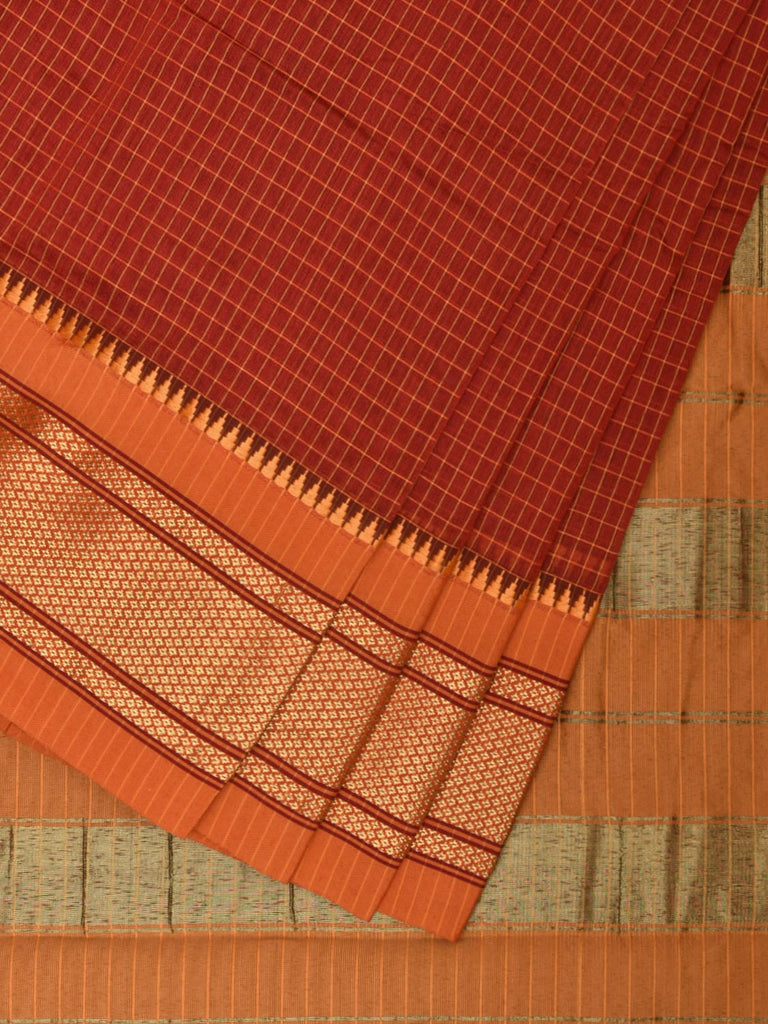 Red and Mustard Bamboo Cotton Saree with Checks and Strips Pallu Design No Blouse bc0278