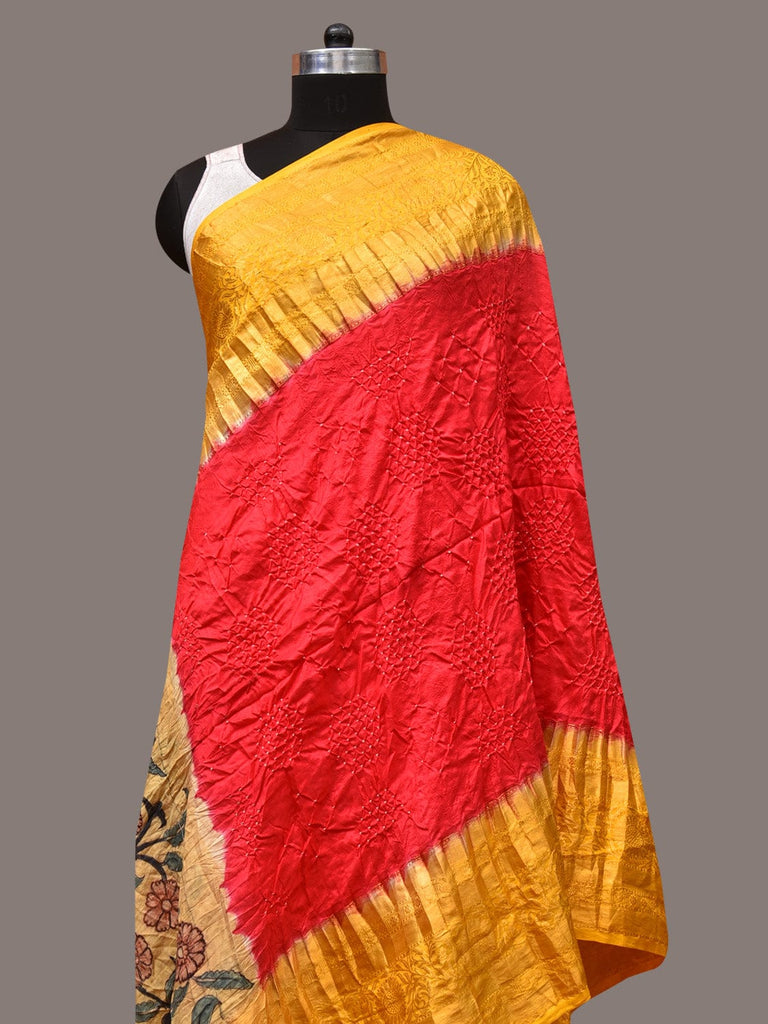 Red and Yellow Bandhani Kanchipuram Silk Handloom Dupatta with Kalamkari Design ds3490
