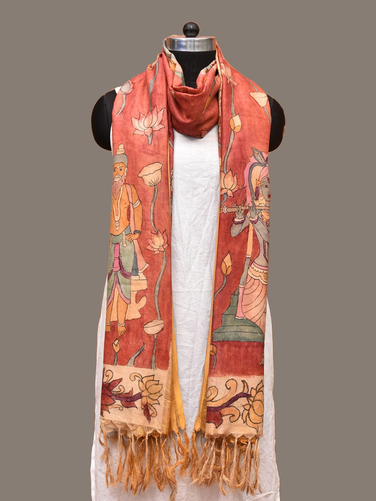 Red Kalamkari Hand Painted Kanchipuram Silk Handloom Dupatta with Lotus and God Design ds3243