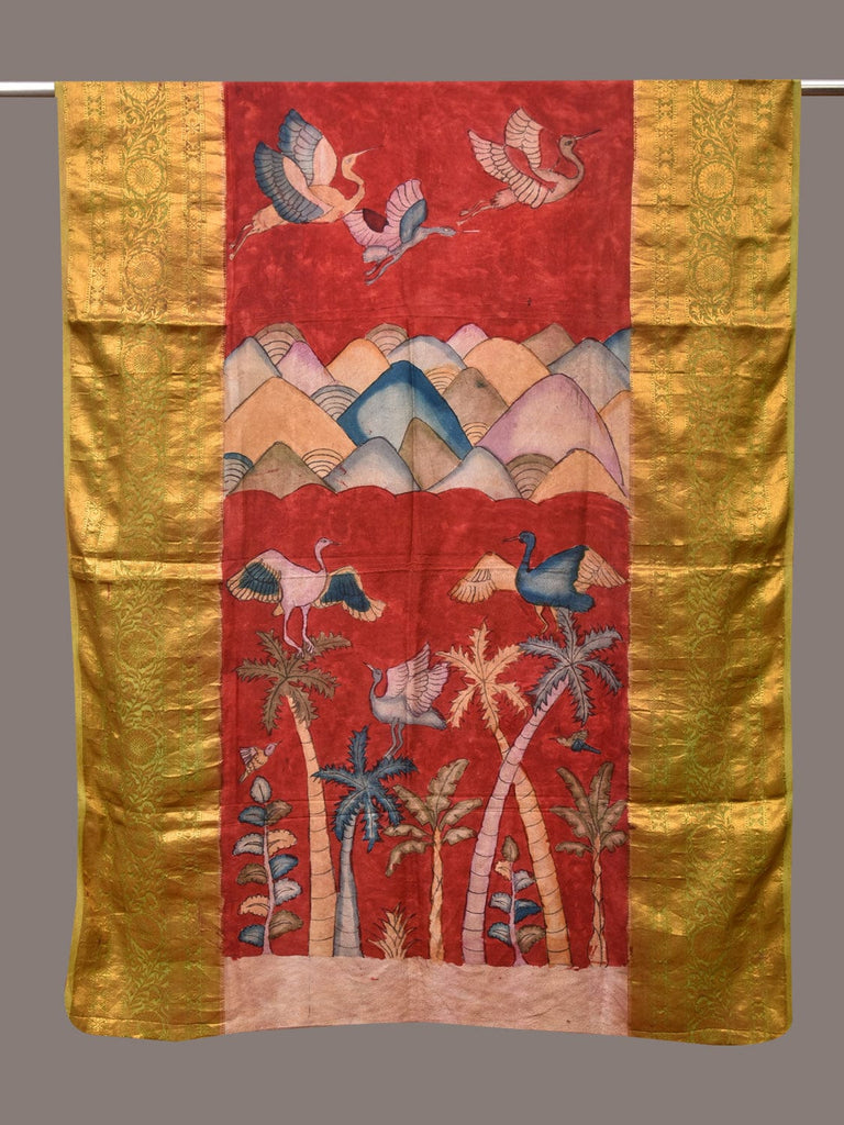 Red Kalamkari Hand Painted Kanchipuram Silk Handloom Dupatta with Mountains and Birds Design ds3488