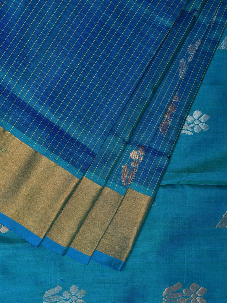 Teal Uppada Silk Handloom Saree with Body Buta and Checks Design u2205