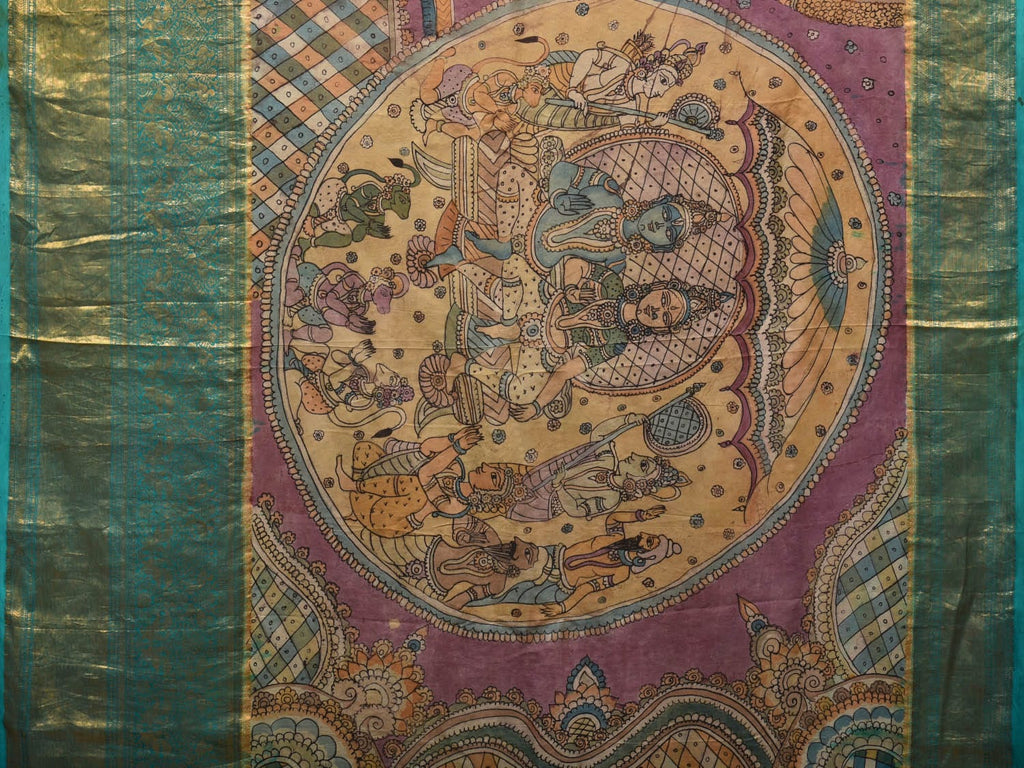 Turquoise and Burgundy Kalamkari Hand Painted Kanchipuram Silk Handloom Saree with Ramayan Theme Design KL0755
