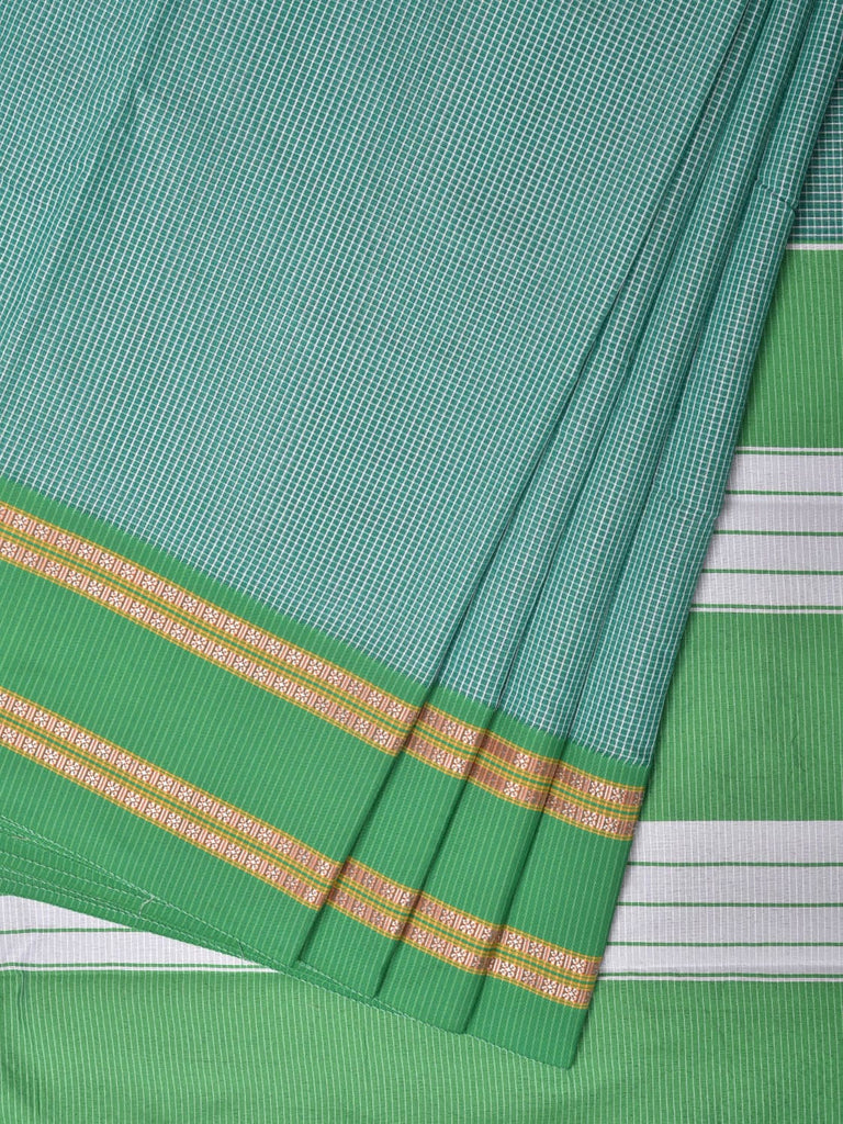 Turquoise and Green Bamboo Cotton Saree with Small Checks Design No Blouse bc0243