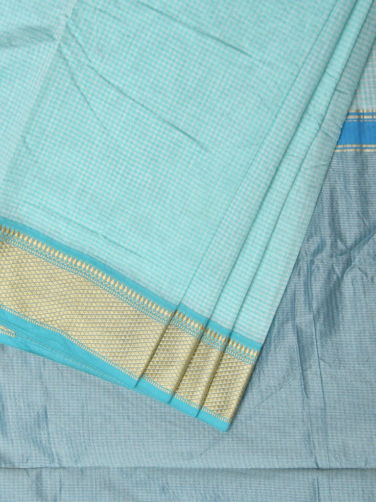 Turquoise Bamboo Cotton Saree with Small Checks Design No Blouse bc0251