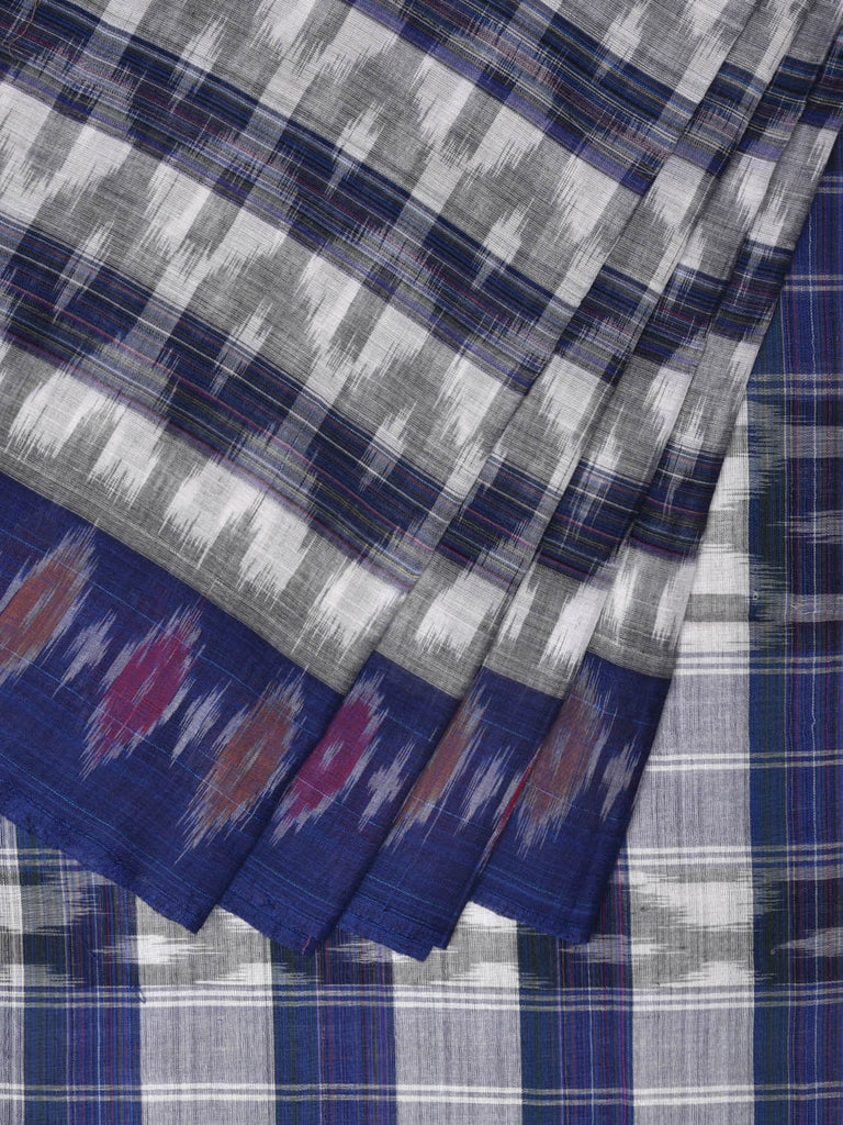 White and Blue Pochampally Ikat Cotton Handloom Saree with Strips Design No Blouse i0832
