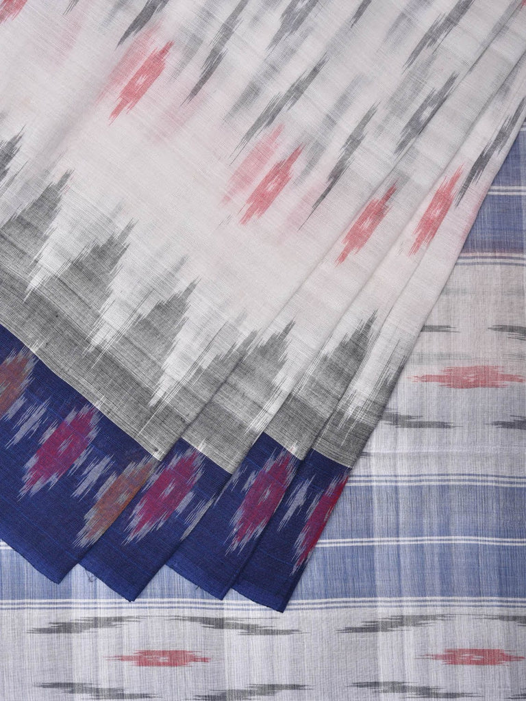 White and Blue Pochampally Ikat Cotton Handloom Saree with Temple Border Design No Blouse i0831