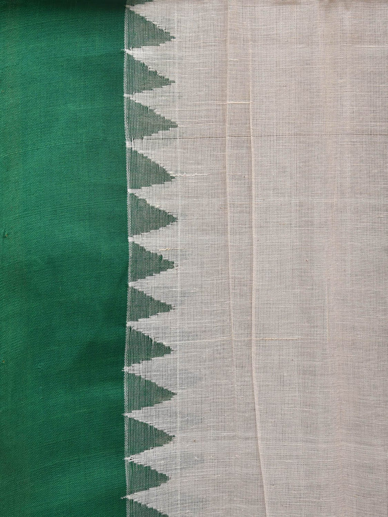 White and Green Khadi Cotton Handloom Plain Saree with Temple Border Design kh0633
