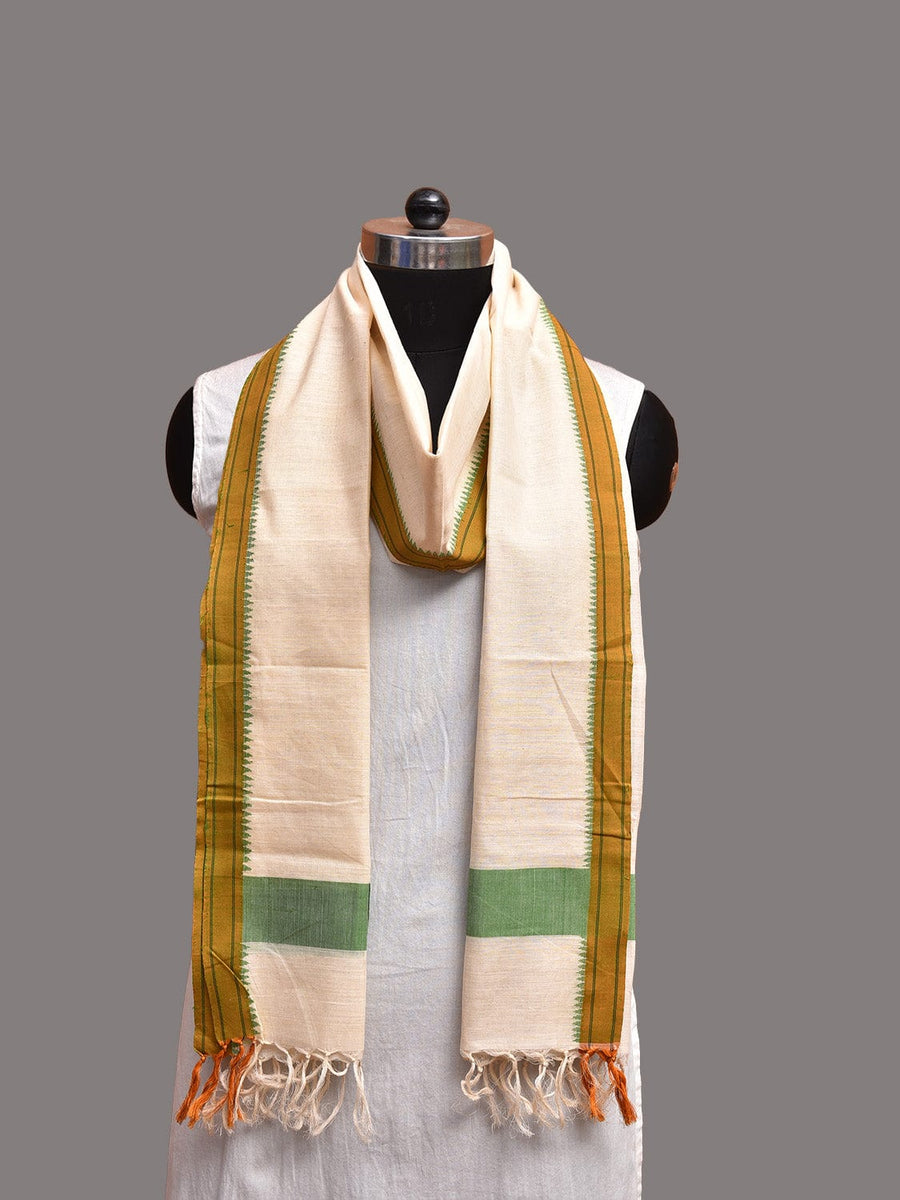 White and Green Khadi Cotton Handloom Stole with Small