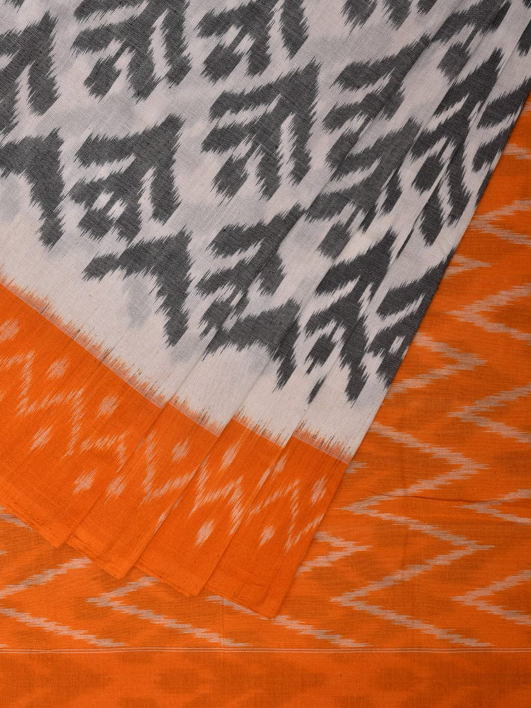 White and Orange Pochampally Ikat Cotton Handloom Saree with All Over Design No Blouse i0840