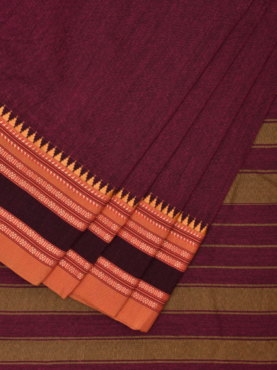 Wine and Mustard Bamboo Cotton Plain Saree with Strips Pallu Design No –  Uppada