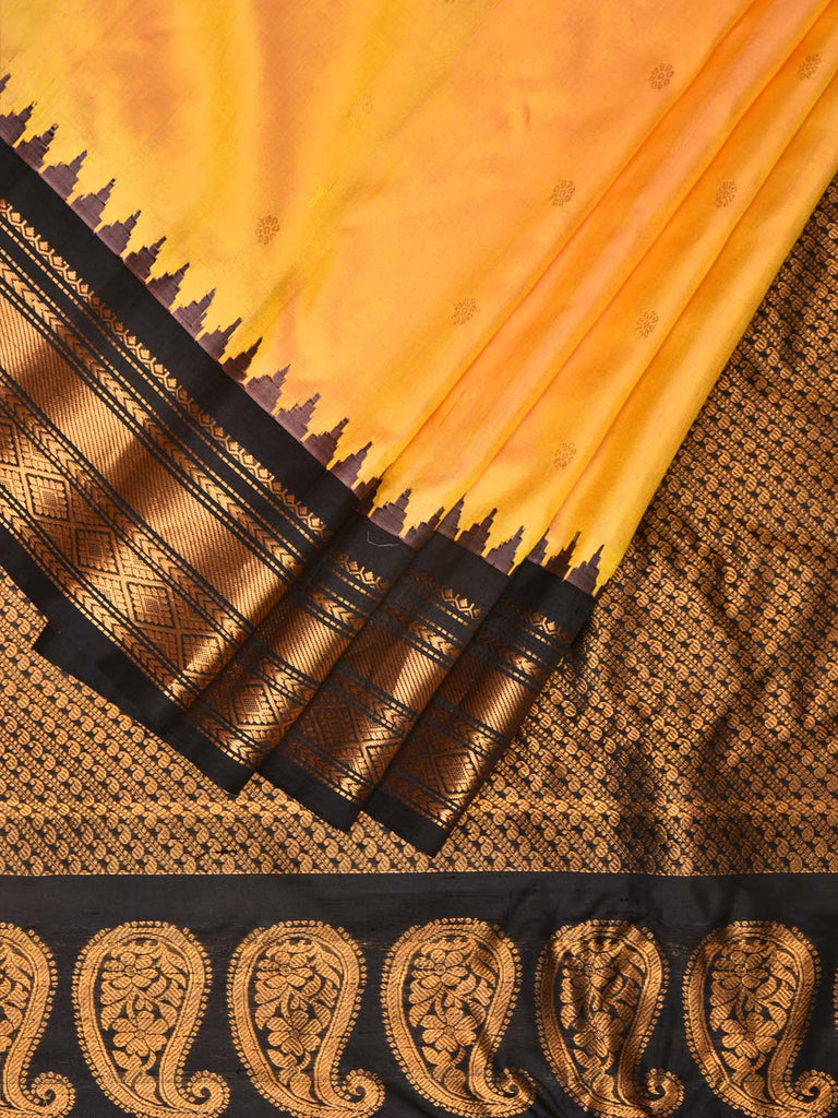 Yellow and Black Gadwal Silk Handloom Saree with Mango Pallu Design g0336