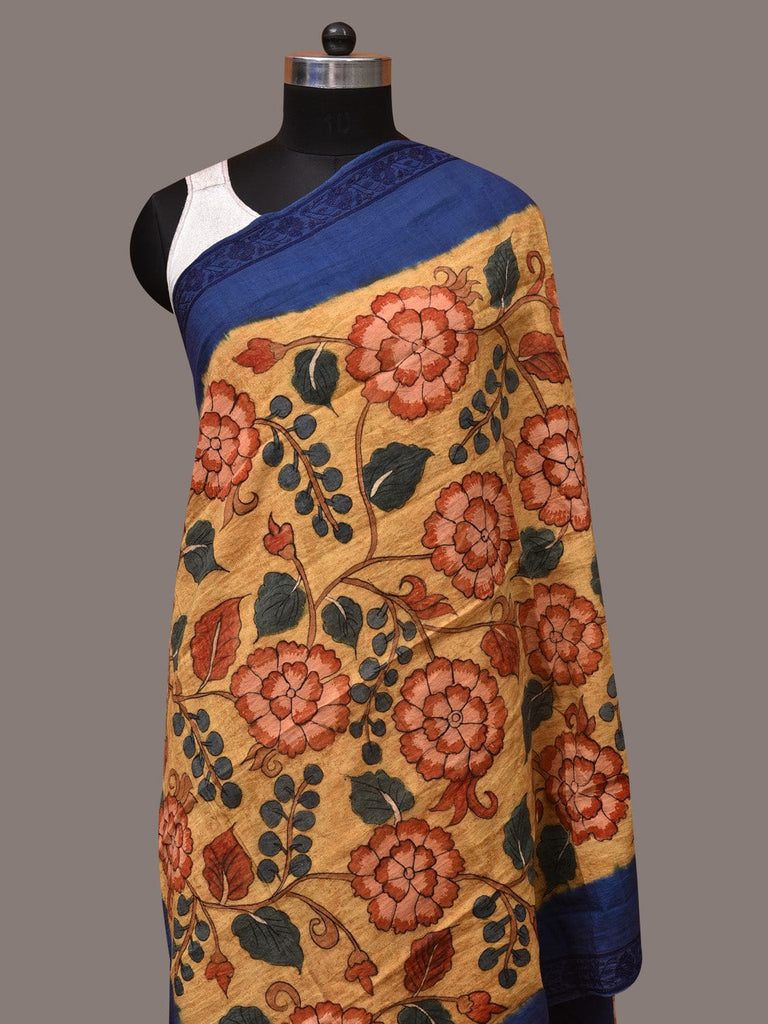 Yellow and Blue Kalamkari Hand Painted Cotton Tussar Cotton Handloom Dupatta with Floral and Embroidery Design ds3498