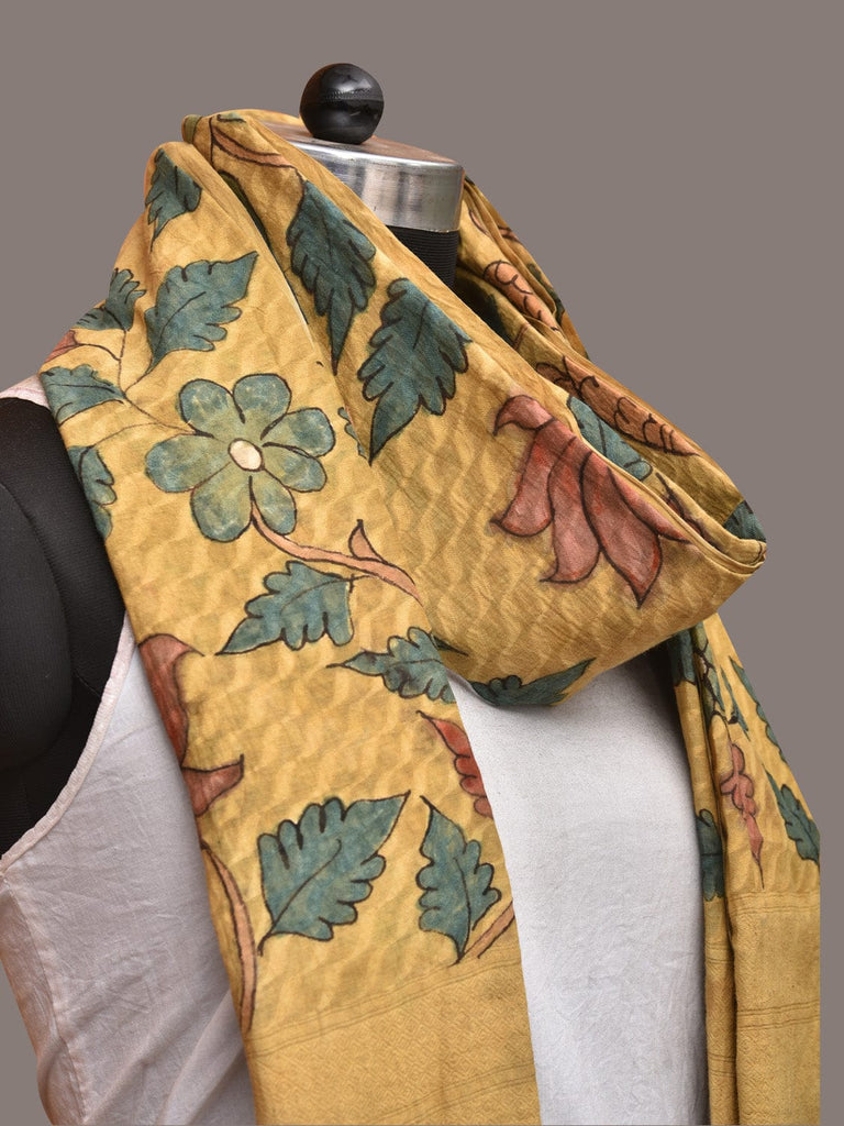 Yellow Kalamkari Hand Painted Cotton Silk Handloom Dupatta with Lotus and Birds Design ds3483