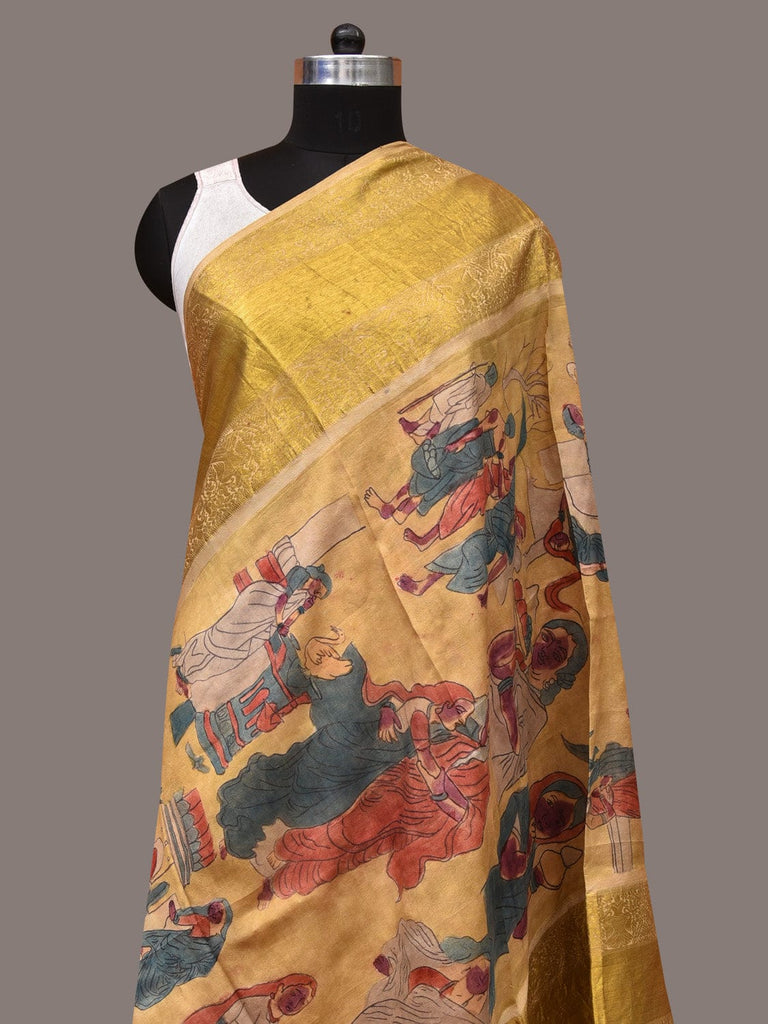 Yellow Kalamkari Hand Painted Kanchipuram Silk Handloom Dupatta with Painting Design ds3486