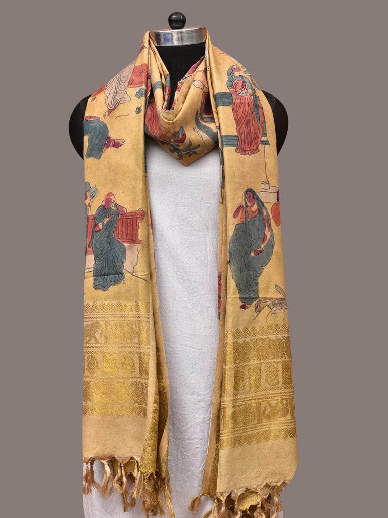 Yellow Kalamkari Hand Painted Kanchipuram Silk Handloom Dupatta with Painting Design ds3486