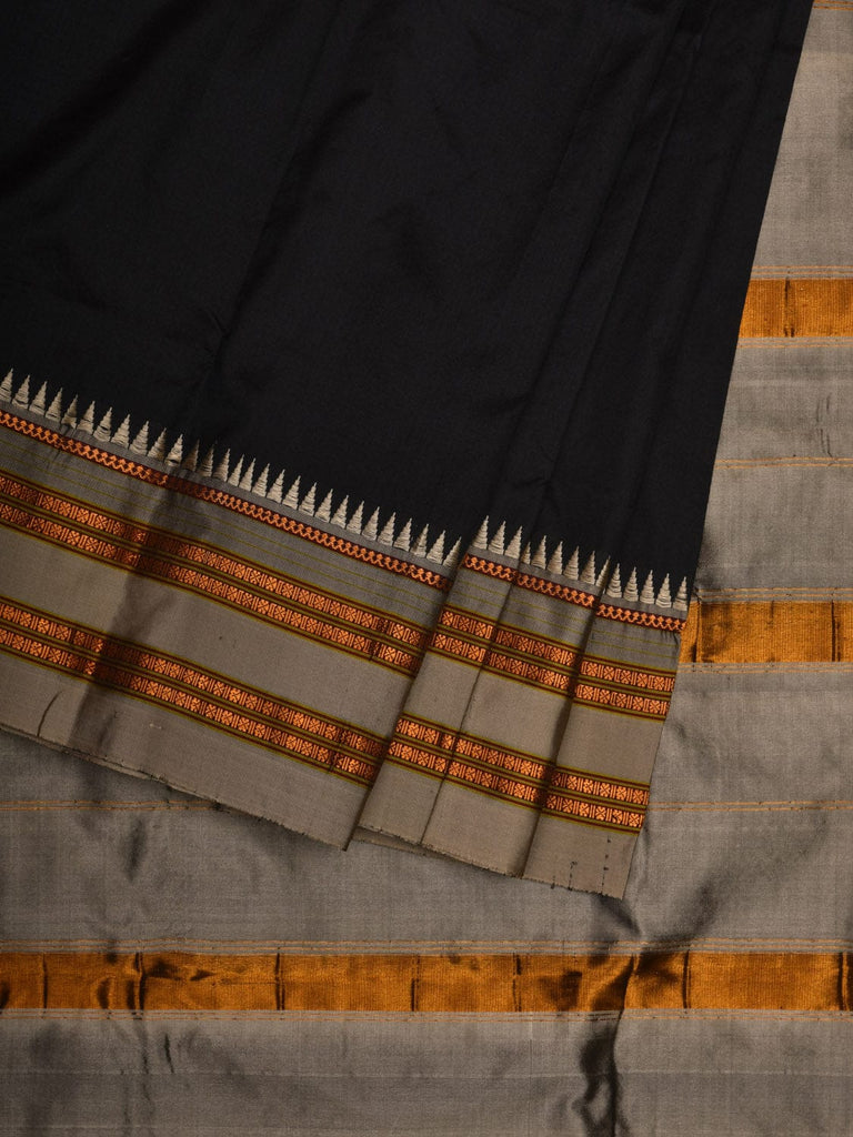 Black and Cream Narayanpet Silk Handloom Plain Saree with Traditional Border Design No Blouse np0579