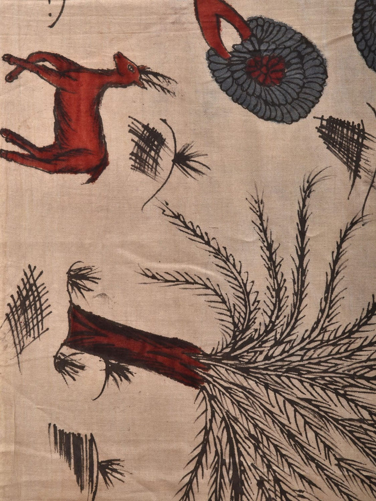 Cream Kalamkari Hand Painted Cotton Handloom 3mts Fabric with Trees and Deers Design f0207