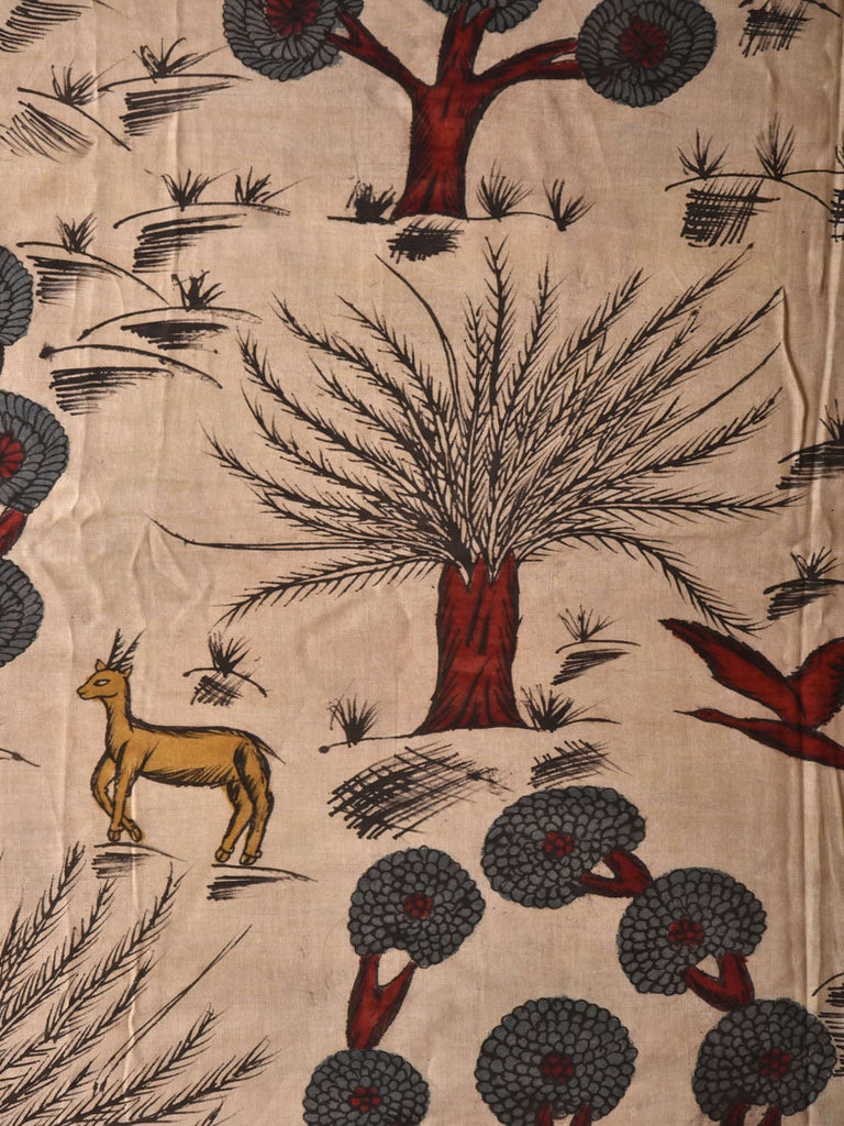 Cream Kalamkari Hand Painted Cotton Handloom 3mts Fabric with Trees and Deers Design f0207