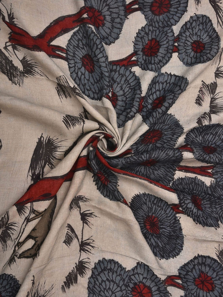 Cream Kalamkari Hand Painted Modal Cotton Handloom 3mts Fabric with Trees and Deers Design f0211