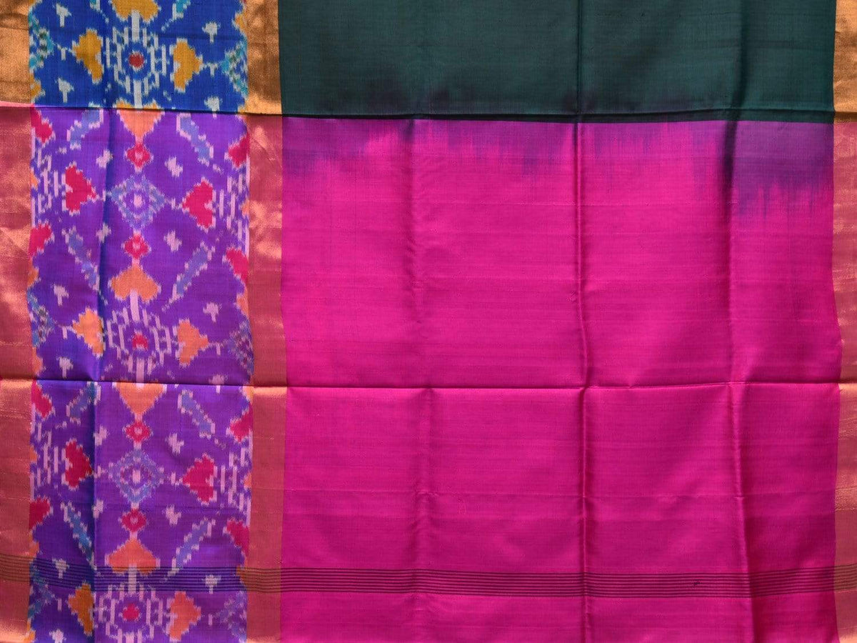 Dark Green and Pink Uppada Silk Handloom Saree with Ikat Border Design