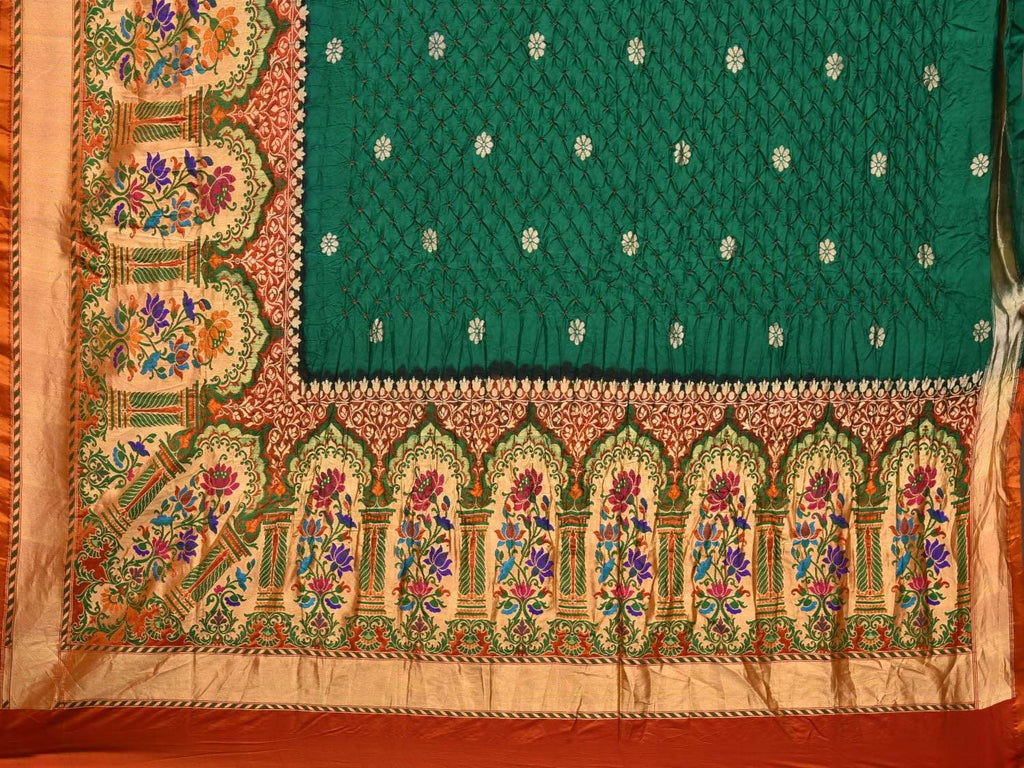 Dark Green Bandhani Paithani Silk Handloom Saree with One Side Border Design bn0144